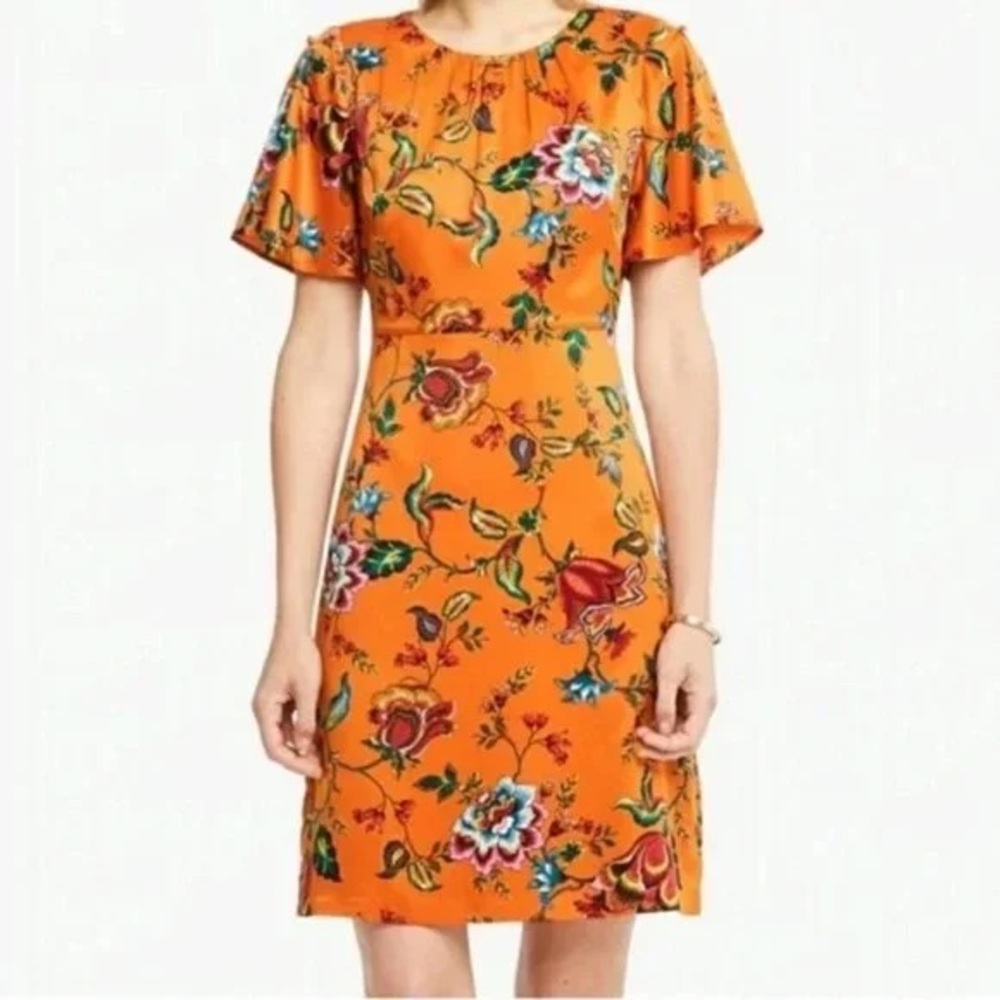 Ann Taylor Factory satin floral dress with flutter sleeves in size 10